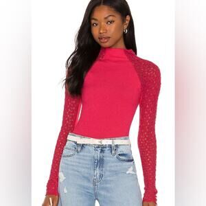 Free People Clement Mock Neck Lace Raglan Long Sleeve Top in Hot Berry SZ: S NWT